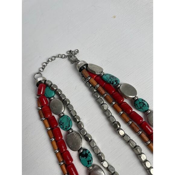 Navajo Multi-strand Necklace Turquoise Wood Bead Silver Oval Western Jewelry - Picture 2 of 9